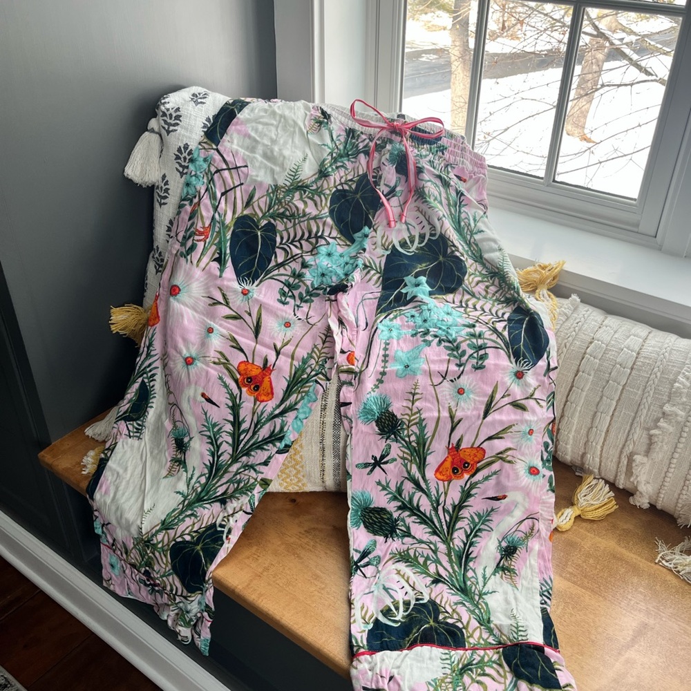 Anthropologie Pink and Green Botanical Pajama Loungewear Pants